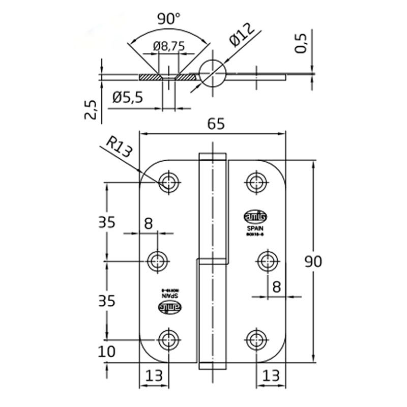 AJTÓPÁNT KEREKÍTETT 90*65mm INOX BAL/IZDA MAGYAR JOBB MHA 477 AJTÓVASALAT