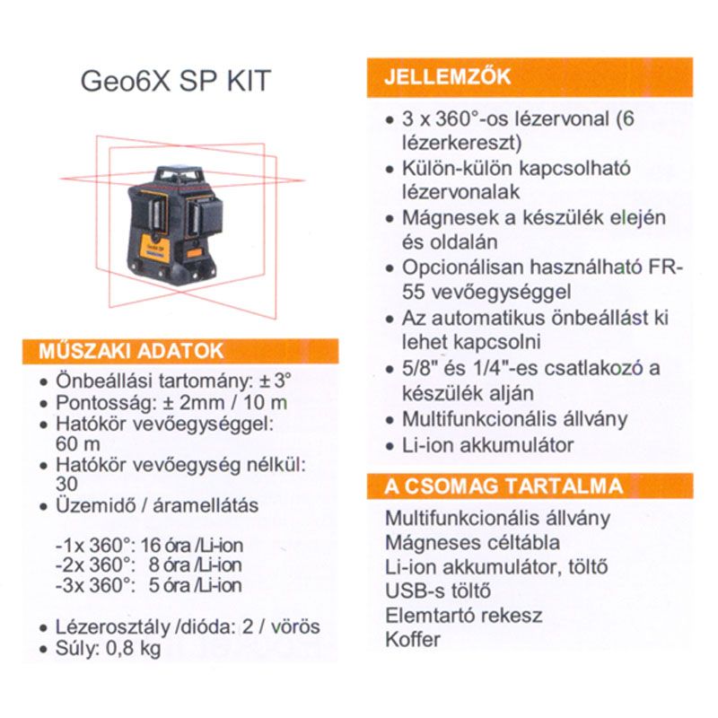 GEO FENNEL 534100 UTOLSÓ DARAB KERESZTLÉZER ÖNBEÁLLÓ VÖRÖS GEO6X SP 30M HATÓTÁV 3LÉZERS.  MÉRŐESZKÖZÖK