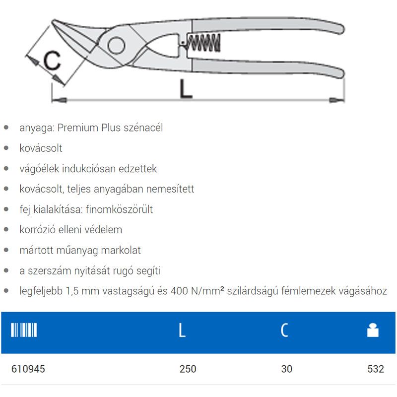 UNIOR 610945 LEMEZOLLÓ 250mm 568L/7P BALOS  VÉSŐ- (KI)VÁGÓ- ÉS LYUKASZTÓ