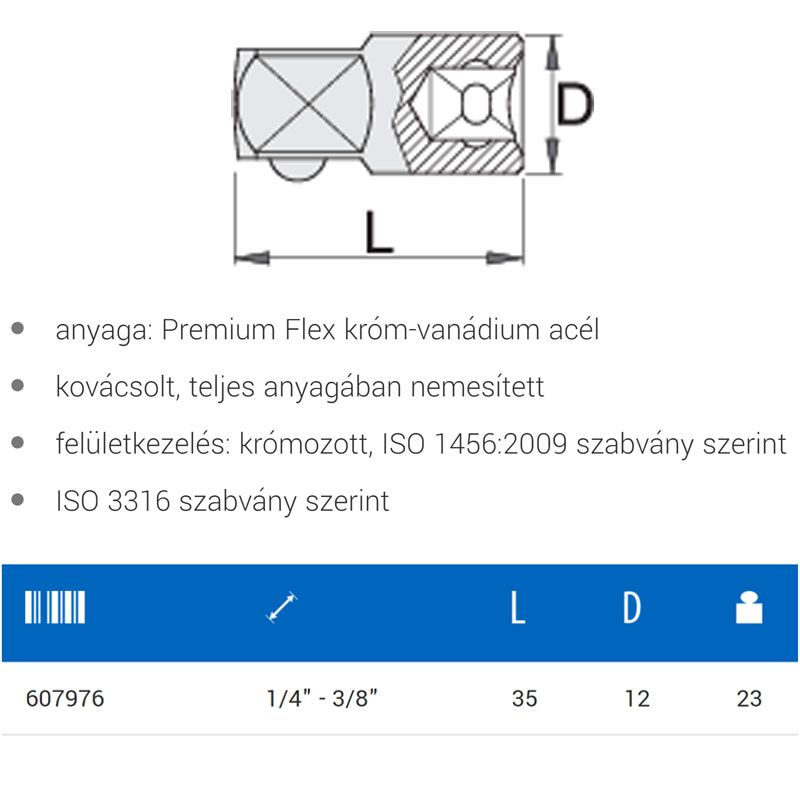 UNIOR 607976 DUGÓKULCS ÁTALAKÍTÓ 188.7/1/4col-3/8col  SZERSZÁM-KULCSOK