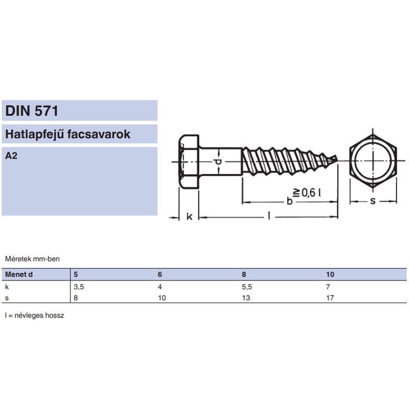 ÁLLVÁNYCSAVAR HLF D6*100 DIN 571 A2 INOX FACSAVAR  FASZERKEZETI CSAVAR