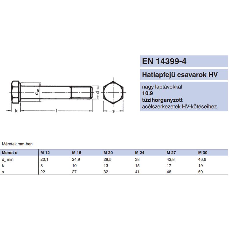 HV CSAVAR HLF M20*85 DIN 6914-10.9 THG. RM EN 14399-4 METRIKUS CSAVAROK